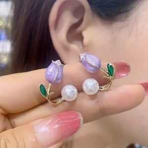 Trendy Elegant Purple Tulip Flower‎ Pearl Stud Earrings, Women's Stud Earrings